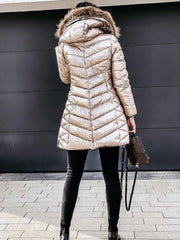 Cozy Cream Puffer Jacket for Women with Faux Fur Hood Long Sleeve Zip Up Fitted Padded Style