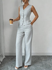 Elegant Grey Pinstripe Chino Pants Two Piece Set for Women with V Neck Button Front Vest Formal Style