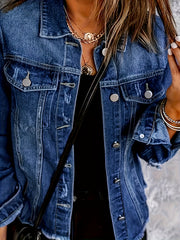 Effortless Deep Blue Distressed Jean Jacket for Women with Collar Long Sleeve Button Front Frayed Relaxed Style