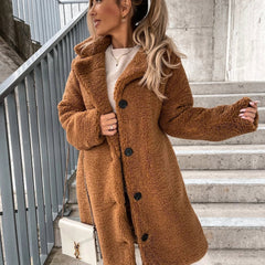 Cozy Long Teddy Coat for Women with Notched Lapel Long Sleeve Double Breasted Sherpa Style