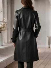 Elegant Black Faux Leather Trench Coat for Women with Notched Lapel Long Sleeve Double Breasted Belted Style