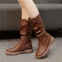 Effortless Leather Mid Calf Waterproof Boots for Women with Side Zip Slouchy Shaft Stacked Heel Style
