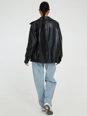 Effortless Leather Jacket for Women with Spread Collar Long Sleeve Oversized Bomber Style