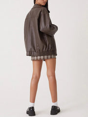 Effortless Leather Jacket for Women with Spread Collar Long Sleeve Oversized Bomber Style