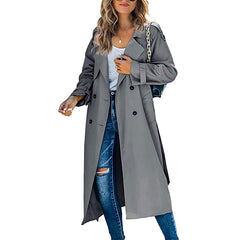 Classic Long Trench Coat for Women with Notched Lapel Long Sleeve Double Breasted Belted Style