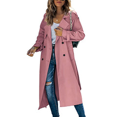 Classic Long Trench Coat for Women with Notched Lapel Long Sleeve Double Breasted Belted Style