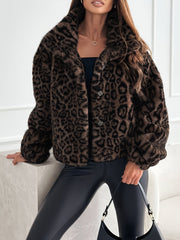 Cozy Leopard Print Flurry Coat for Women with Faux Fur Collar Long Sleeve Plush Warm Winter Style