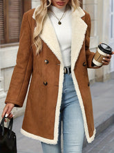 Elegant Light Brown Shearling Winter Coat for Women with Notch Lapel Double Breasted Faux Fur Trim