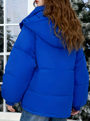 Cozy Blue Puffer Ski Jacket for Women with Hooded Long Sleeve Oversized Flap Pocket Casual Style