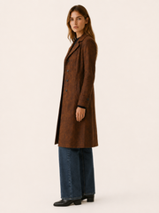 Elegant Longline Faux Suede Trench Coat for Women with Notched Lapel Belted Waist Tailored Autumn Style