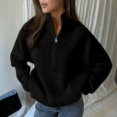 Cozy Ribbed Quarter-Zip Knit Sweater for Women with Stand Collar Long Sleeve Drop Shoulder Pullover Style