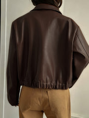 Elegant Brown Leather Jacket for Women with Collar Zip Front Cropped Style