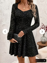 Elegant Black Cocktail Dress for Women with Sweetheart Neck Long Sleeve Fit and Flare Sparkle Style