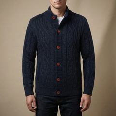 Cozy Cable Knit Cardigan for Men with Stand Collar Long Sleeve Button Up Aran Knit Winter Style