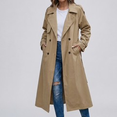 Classic Longline Winter Trench Coat for Women with Notched Lapel Long Sleeve Double Breasted Belted Style