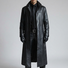Chic Leather Trench Coat for Men with Notch Lapel Long Sleeve Single Breasted Longline Duster Style