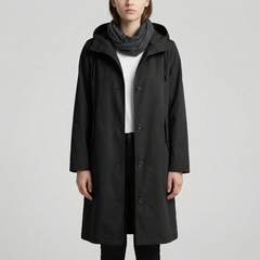 Cozy Rain Coat for Women with Hooded Collar Long Sleeve Button Up Longline Oversized Style