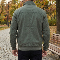 Rugged Harrington Bomber Jacket for Men with Stand Collar Long Sleeve Full Zip Striped Ribbed Style