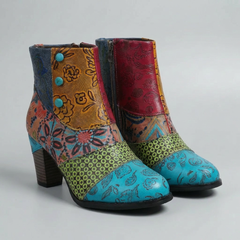 Women's Patchwork Ankle Boots Block Heel Floral Embroidered Boho Round Toe Zip Booties