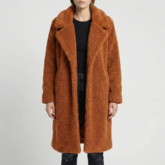Cozy Teddy Coat for Women with Notched Lapel Long Sleeve Open Front Faux Fur Longline Style