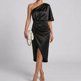 Elegant Satin Midi Dress for Women with One Shoulder Sleeveless Ruched Wrap Slit Cocktail Style