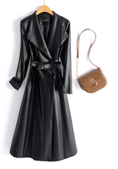 Elegant Black Faux Leather Maxi Coat for Women with Draped Lapel Long Sleeve Tie Belt Flared Style