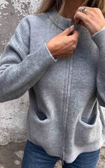 Cozy Knit Cardigan for Women with Zip Up Stand Collar Long Sleeve Pocket Relaxed Style