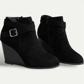 Chic Black Booties for Women with Wrap Strap Buckle Side Zip Wedge Heel Ankle Style
