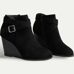 Chic Black Booties for Women with Wrap Strap Buckle Side Zip Wedge Heel Ankle Style