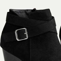 Chic Black Booties for Women with Wrap Strap Buckle Side Zip Wedge Heel Ankle Style
