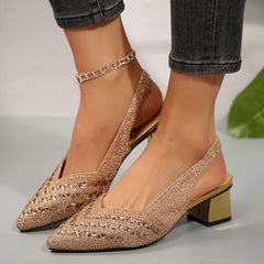 Chic Rhinestone Slingback Pumps for Women with Pointed Toe Block Heel Embellished Party Style
