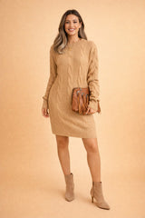 Cozy Cable Knit Sweater Dress for Women with Crew Neck Long Sleeve Midi Pullover Fall Style