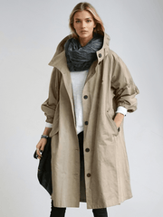 Effortless Oversized Trench Coat for Women with Hooded Collar Long Sleeve Button Front Relaxed Style