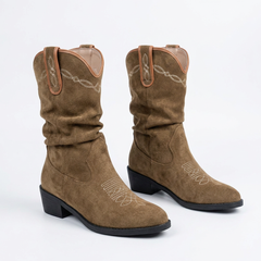 Stylish Suede Cowboy Boots for Women with Embroidered Stitch Slouchy Mid Calf Western Style