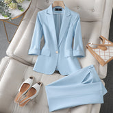 Elegant Blazer Pants Set for Women with Notched Lapel Long Sleeve Single Button Tailored Suit Style