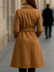 Elegant Camel Trench Coat for Women with Notched Lapel Long Sleeve Tie Belt Tailored Style