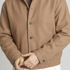 Cozy Camel Wool Blend Bomber Jacket for Men with Button Front Long Sleeve Ribbed Hem Relaxed Style
