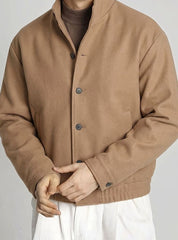 Cozy Camel Wool Blend Bomber Jacket for Men with Button Front Long Sleeve Ribbed Hem Relaxed Style