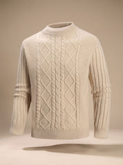 Cozy Cable Knit Sweater for Men with Mock Neck Long Sleeve Pullover Ribbed Regular Fit Style