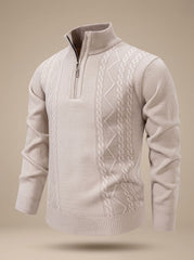 Cozy Cable Knit Quarter-Zip Sweater for Men with Stand Collar Long Sleeve Pullover Ribbed Winter Style