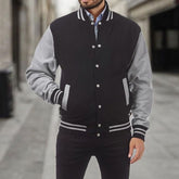 Cozy Varsity Letterman Jacket for Men with Stand Collar Long Sleeve Snap Front Striped Ribbed Style