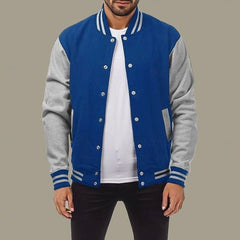 Cozy Varsity Letterman Jacket for Men with Stand Collar Long Sleeve Snap Front Striped Ribbed Style