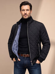 Cozy Diamond Quilted Jacket for Men with Stand Collar Long Sleeve Fleece Lined Full-Zip Winter Style