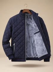 Cozy Diamond Quilted Jacket for Men with Stand Collar Long Sleeve Fleece Lined Full-Zip Winter Style