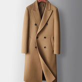 Cozy Wool Pea Coat for Men with Peak Lapel Long Sleeve Double Breasted Long Overcoat Style