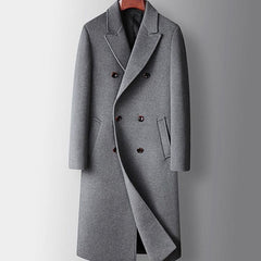 Cozy Wool Pea Coat for Men with Peak Lapel Long Sleeve Double Breasted Long Overcoat Style