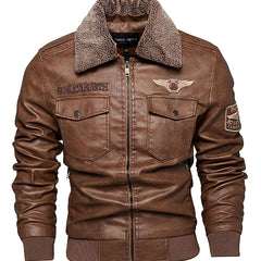 Cozy Faux Leather Aviator Bomber Jacket for Men with Sherpa Collar Long Sleeve Zip Flap Pocket Winter Style