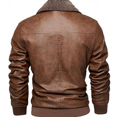 Cozy Faux Leather Aviator Bomber Jacket for Men with Sherpa Collar Long Sleeve Zip Flap Pocket Winter Style