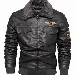 Cozy Faux Leather Aviator Bomber Jacket for Men with Sherpa Collar Long Sleeve Zip Flap Pocket Winter Style