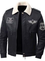 Cozy Faux Leather Aviator Bomber Jacket for Men with Sherpa Collar Long Sleeve Zip Patch Winter Style